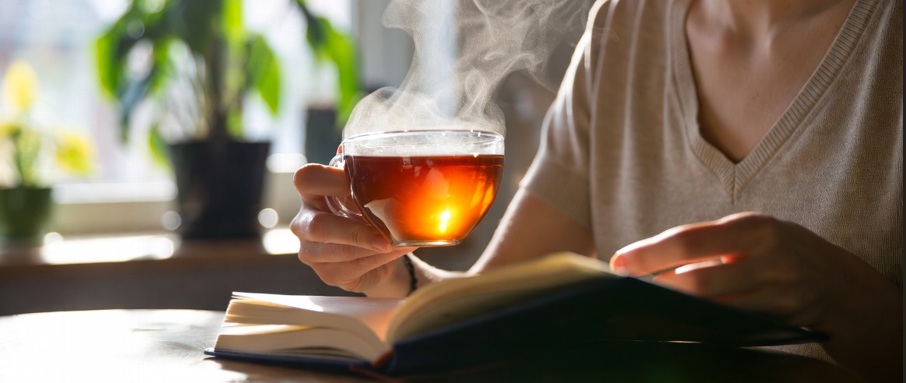 Parent relaxing with a cup of tea and a journal