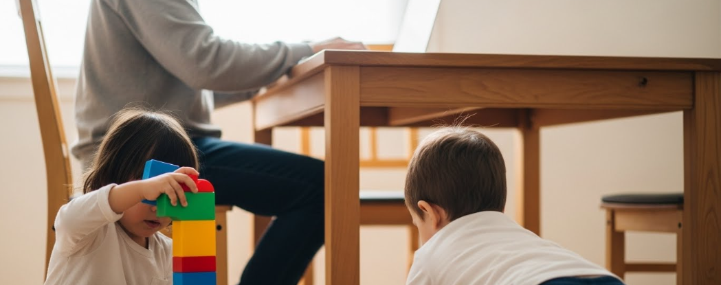 Parent working on laptop while child plays nearby